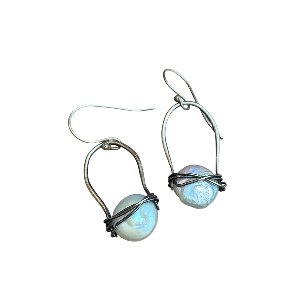 Handcrafted Wire Wrapped Pearl Drop Earrings Artisan Silver Tone Jewelry